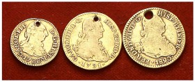 1788 a 1820. Madrid, Santa Fe de Nuevo Reino y Sevilla. 1/2 escudo y 1 escudo (dos). 8,06 g. Tres monedas, con perforación. (BC-/MBC-).