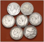 Lote de 7 monedas de 1 peseta: dos del Gobierno Provisional, una de Alfonso XII y cuatro de Alfonso XIII, todas distintas. A examinar. BC+/MBC+.