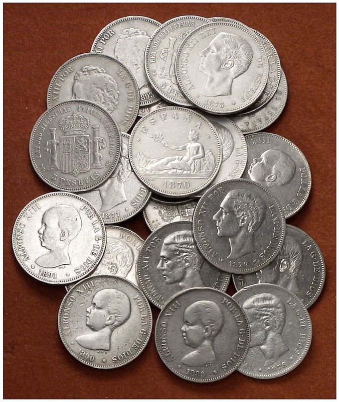 Lote de 24 monedas de 5 pesetas del Centenario, todas distintas. A examinar. BC/...