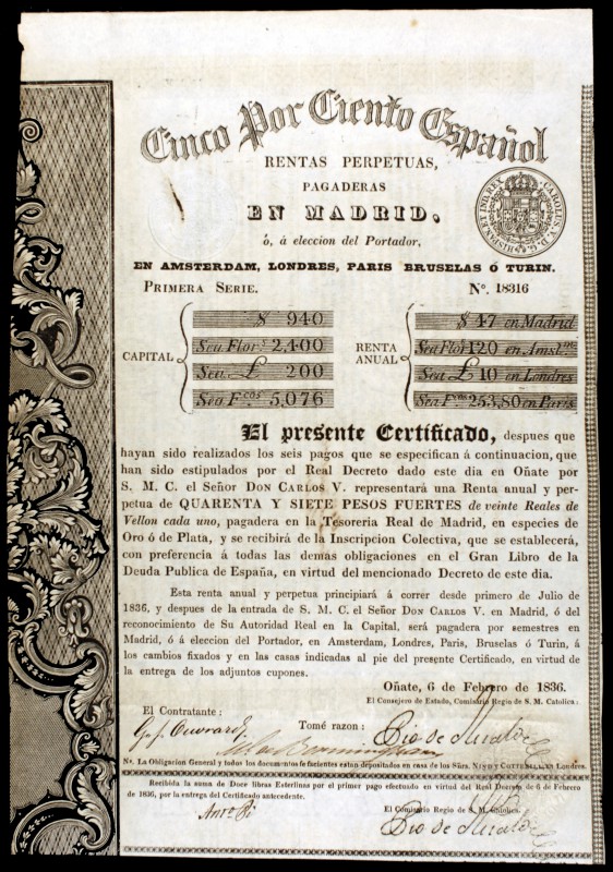 1836. Carlos V, Pretendiente. Oñate. Rentas perpetuas. 47 pesos fuertes. (Ed. A2...