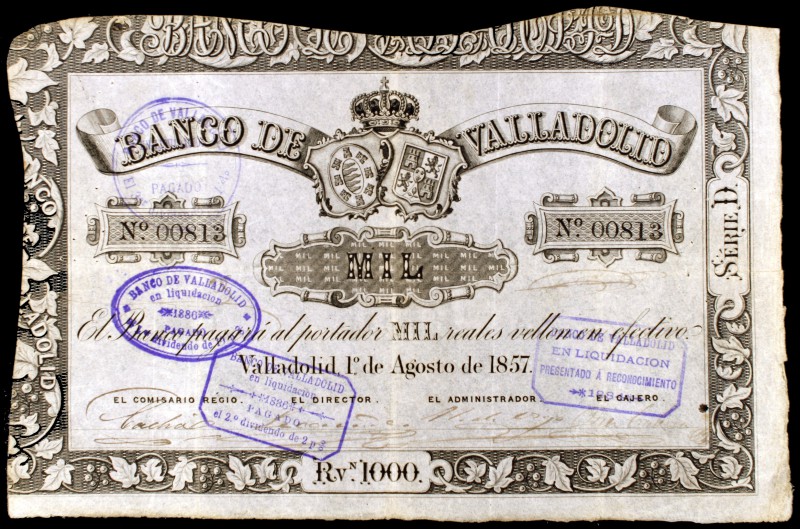 1857. Banco de Valladolid. 1000 reales de vellón. (Ed. A125). 1 de agosto. Peque...