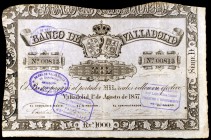 1857. Banco de Valladolid. 1000 reales de vellón. (Ed. A125). 1 de agosto. Pequeño agujero. Raro. (MBC).