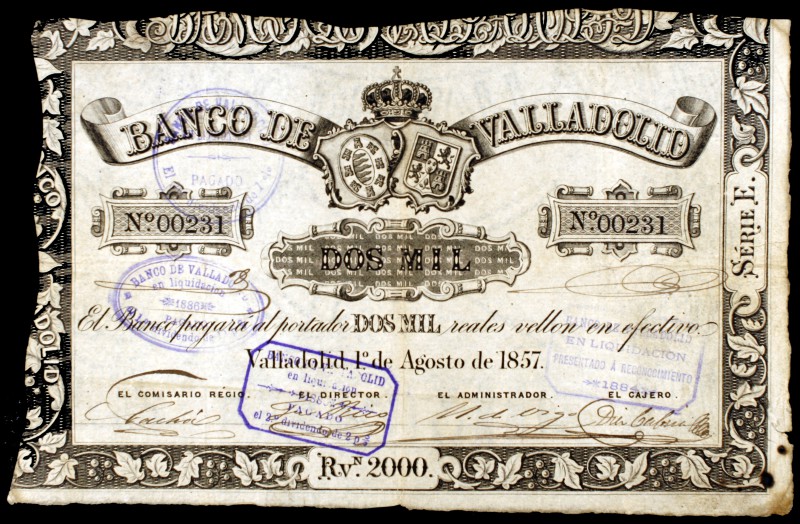 1857. Banco de Valladolid. 2000 reales de vellón. (Ed. A126). 1 de agosto. Dos p...