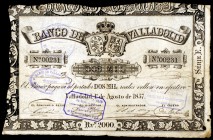 1857. Banco de Valladolid. 2000 reales de vellón. (Ed. A126). 1 de agosto. Dos pequeños agujeros. Raro. (MBC).
