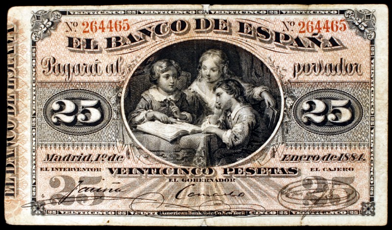 1884. 25 pesetas. (Ed. B66). 1 de enero. Lección de Geografía. Raro. MBC-.