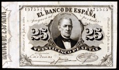 1884. 25 pesetas. (Ed. B71). 1 de julio. Ramón de Santillán. Lavado. Muy raro. (MBC-).