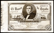 1884. 50 pesetas. (Ed. B72). 1 de julio, Bravo Murillo. Tres pliegues hábilmente reparados. Raro. (MBC+).