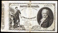 1886. 100 pesetas. (Ed. B77). 1 de octubre, Goya. Muy raro. BC+.