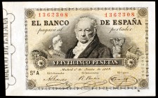 1889. 25 pesetas. (Ed. B81). 1 de junio, Goya. Leve doblez pero extraordinario ejemplar. Raro y más así. EBC.