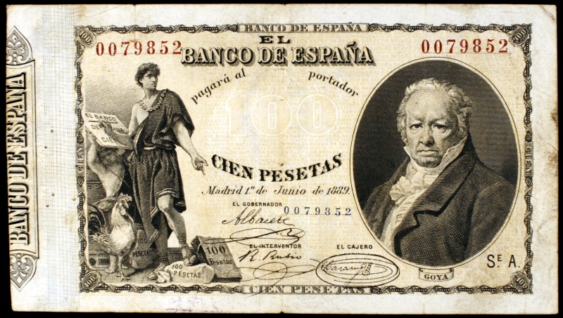 1889. 100 pesetas. (Ed. B83). 1 de junio, Goya. Puntitos de aguja. Muy raro. MBC...