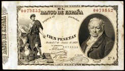 1889. 100 pesetas. (Ed. B83). 1 de junio, Goya. Puntitos de aguja. Muy raro. MBC-.