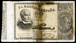 1898. 50 pesetas. (Ed. B88). 2 de enero. Jovellanos. Roto y pegado. Raro. (BC).