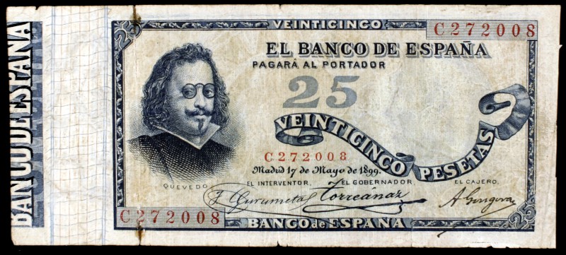 1899. 25 pesetas. (Ed. B90a). 17 de mayo. Quevedo. Serie C. Raro. MBC-.