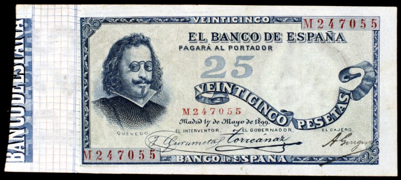 1899. 25 pesetas. (Ed. B90a). 17 de mayo, Quevedo. Serie M. Dobleces y pequeña r...