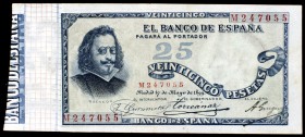 1899. 25 pesetas. (Ed. B90a). 17 de mayo, Quevedo. Serie M. Dobleces y pequeña rotura. Raro. (MBC+).