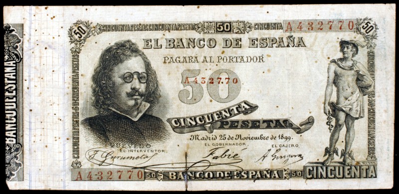 1899. 50 pesetas. (Ed. B91a). 25 de noviembre. Quevedo. Serie A. Roturas e inten...
