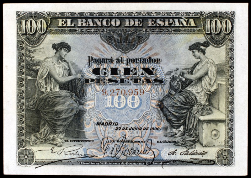 1906. 100 pesetas. (Ed. B97). 30 de junio, sin serie. Puntito de aguja. Muy raro...