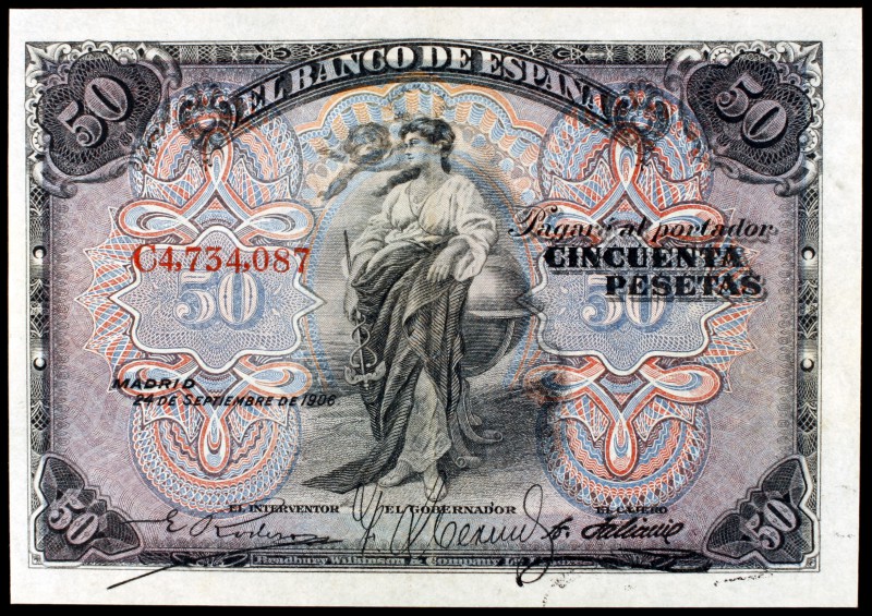 1906. 50 pesetas. (Ed. B99a). 24 de septiembre. Serie C. Leve doblez. Raro así. ...