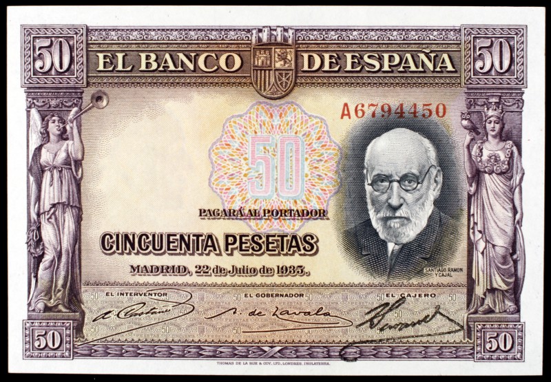 1935. 50 pesetas. (Ed. C17a). 22 de julio, Ramón y Cajal. Serie A. Raro y más as...