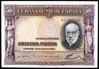 1935. 50 pesetas. (Ed. C17a). 22 de julio, Ramón y Cajal. Serie A. Raro y más así. S/C-.
