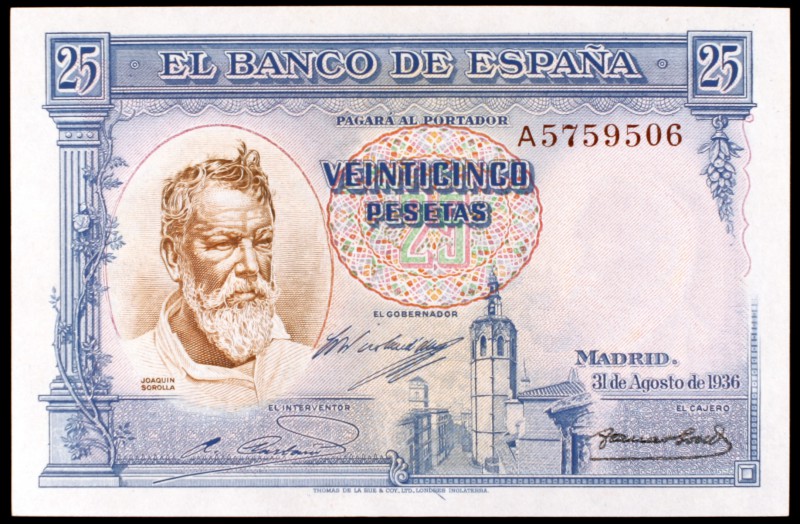 1936. 25 pesetas. (Ed. C18a). 31 de agosto, Sorolla. Serie A. Raro así. S/C.