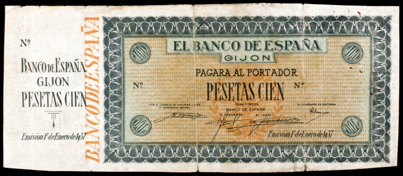 1937. Gijón. 100 pesetas. (Ed. NE31p var). Prueba no adoptada, con matriz y sin ...