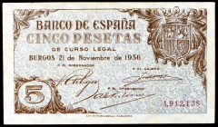 1936. Burgos. 5 pesetas. (Ed. D18). 21 de noviembre. Leve doblez. Extraordinario ejemplar. Raro y más así. EBC.