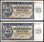 1936. Burgos. 25 pesetas. (Ed. D20a). 21 de noviembre. Pareja correlativa. Serie R. Raros así. S/C.