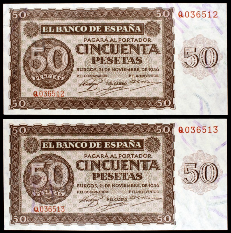 1936. Burgos. 50 pesetas. (Ed. D21a). 21 de noviembre. Pareja correlativa, serie...