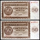 1936. Burgos. 50 pesetas. (Ed. D21a). 21 de noviembre. Pareja correlativa, serie Q. Raros así. S/C-.