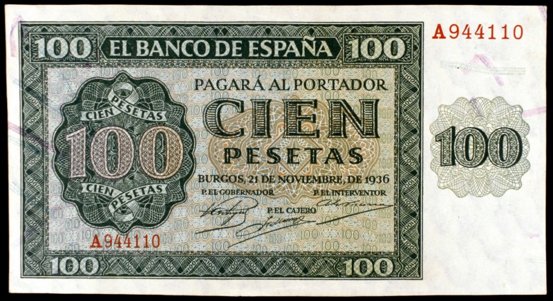 1936. Burgos. 100 pesetas. (Ed. D22). 21 de noviembre. Serie A. Leve doblez late...