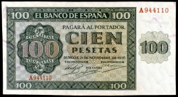1936. Burgos. 100 pesetas. (Ed. D22). 21 de noviembre. Serie A. Leve doblez lateral. Raro así. S/C-.