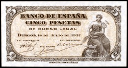 1937. Burgos. 5 pesetas. (Ed. D25). 18 de julio. Sin serie. Raro. S/C.