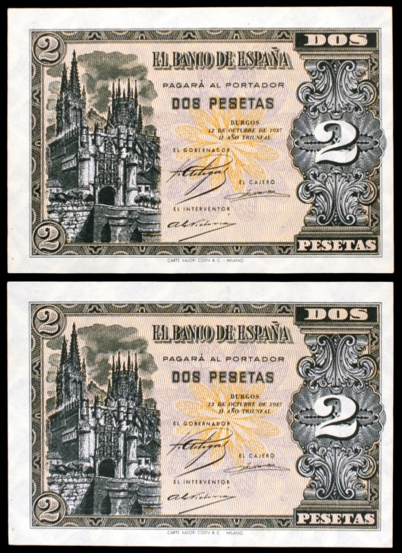 1937. Burgos. 2 pesetas. (Ed. D27). 12 de octubre. Pareja correlativa, serie A, ...