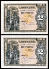 1937. Burgos. 2 pesetas. (Ed. D27). 12 de octubre. Pareja correlativa, serie A, uno con ligero doblez en dos esquinas. Raros. S/C-.