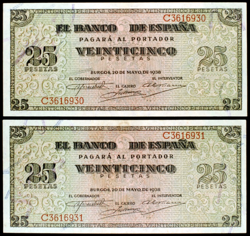 1938. Burgos. 25 pesetas. (Ed. D31a). 20 de mayo. Pareja correlativa, serie C. R...