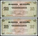 1938. Burgos. 25 pesetas. (Ed. D31a). 20 de mayo. Pareja correlativa, serie C. Raros así. S/C-.