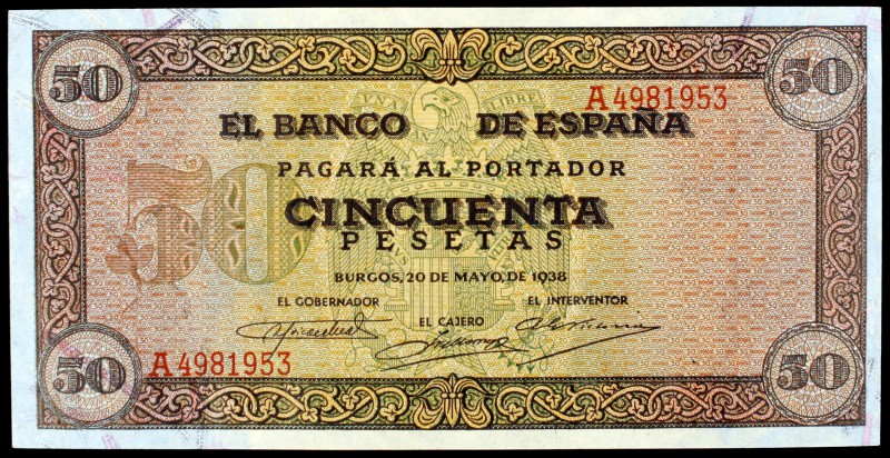 1938. Burgos. 50 pesetas. (Ed. D32). 20 de mayo. Serie A. Raro así. S/C-.