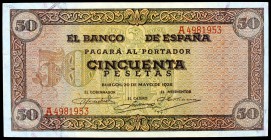 1938. Burgos. 50 pesetas. (Ed. D32). 20 de mayo. Serie A. Raro así. S/C-.