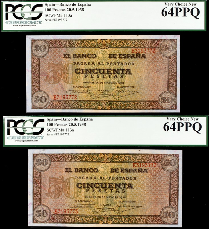1938. Burgos. 50 pesetas. (Ed. D32a). 20 de mayo. Pareja correlativa serie E. Ce...