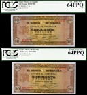 1938. Burgos. 50 pesetas. (Ed. D32a). 20 de mayo. Pareja correlativa serie E. Certificados por la PCGS como Very Choice New 64PPQ, números 80836486/7....