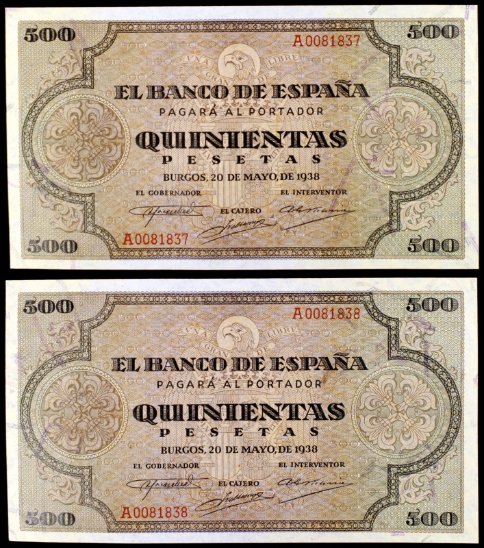 1938. Burgos. 500 pesetas. (Ed. D34). 20 de mayo. Pareja correlativa, serie A. E...