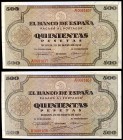 1938. Burgos. 500 pesetas. (Ed. D34). 20 de mayo. Pareja correlativa, serie A. Extraordinarios ejemplares con pleno apresto. Rarísimos así. S/C.