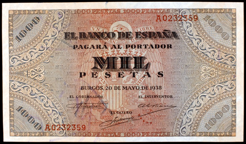 1938. Burgos. 1000 pesetas. (Ed. D35). 20 de mayo. Extraordinario ejemplar con t...