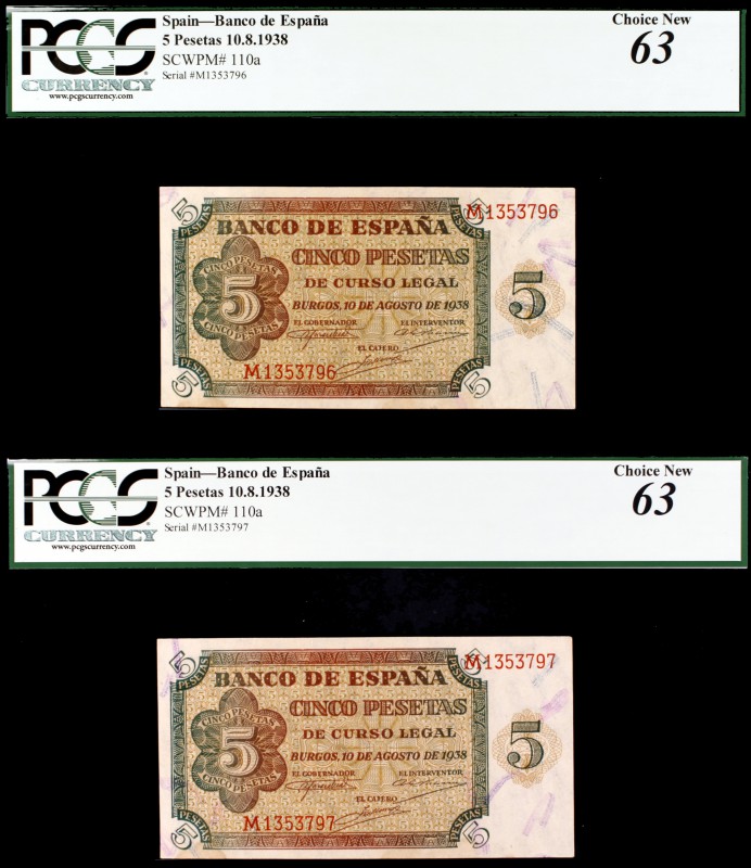 1938. Burgos. 5 pesetas. (Ed. D36b). 10 de agosto. Pareja correlativa serie M (ú...