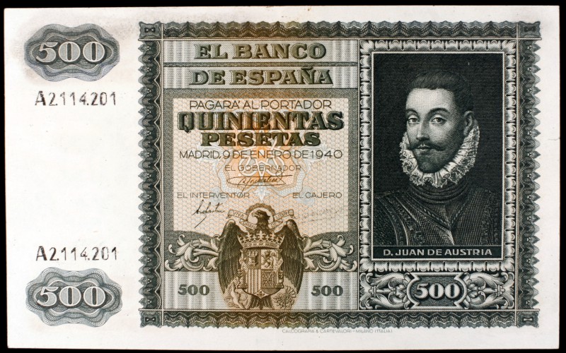 1940. 500 pesetas. (Ed. D40). 9 de enero, D. Juan de Austria. Leve doblez. Raro....