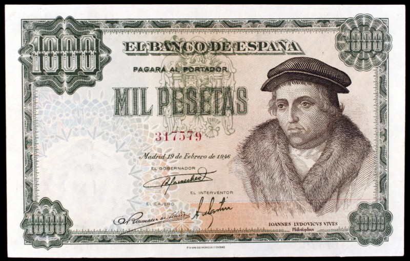 1946. 1000 pesetas. (Ed. D54). 19 de febrero, Vives. Leve doblez. Buen ejemplar,...
