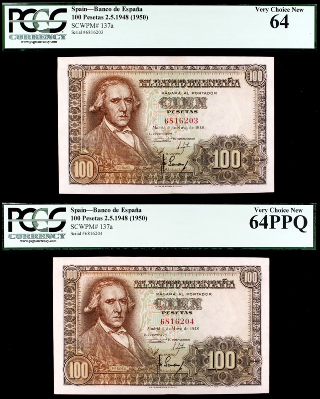 1948. 100 pesetas. (Ed. D57). 2 de mayo, Bayeu. Pareja correlativa sin serie. Ce...
