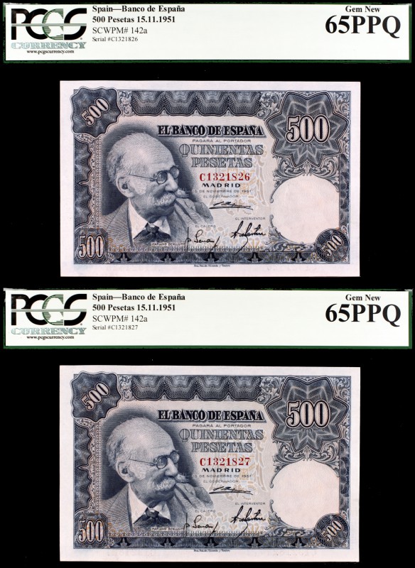 1951. 500 pesetas. (Ed. D61a). 15 de noviembre, Benlliure. Pareja correlativa se...