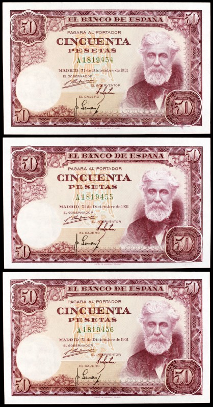 1951. 50 pesetas. (Ed. D63a). 31 de diciembre, Rusiñol. Trío correlativo, serie ...